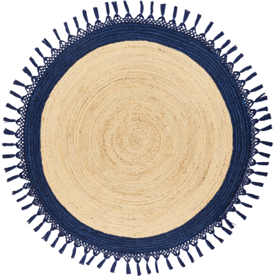 Beliani - Round Boho Jute Rug 140cm - Natural & Dark Blue Beliani - Round Boho Jute Rug 140cm - Natural & Dark Blue