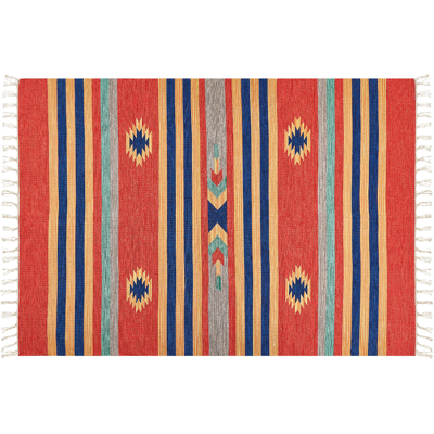 Beliani Cotton Kilim Area Rug - Geometric Pattern - Reversible - 140x200 cm Beliani Cotton Kilim Area Rug - Geometric Pattern - Reversible - 140x200 cm