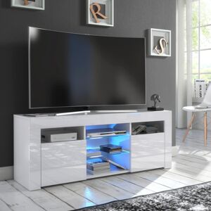 Furneo (White LED Light) White TV Stand 120cm Unit Cabinet Gloss & Matt Puzzo LED Light Furneo (White LED Light) White TV Stand 120cm Unit Cabinet Gloss & Matt Puzzo LED Light