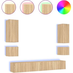 vidaXL Sonoma Oak 6-Piece TV Wall Cabinets with LED Lights - TV Wall Unit vidaXL Sonoma Oak 6-Piece TV Wall Cabinets with LED Lights - TV Wall Unit
