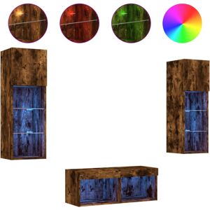 vidaXL 4-Piece Smoked Oak TV Wall Cabinets with LED Lights vidaXL 4-Piece Smoked Oak TV Wall Cabinets with LED Lights