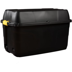 Strata 175 Litre Heavy Duty Trunk On Wheels Black Yellow Clip Handle (3 Boxes) Strata 175 Litre Heavy Duty Trunk On Wheels Black Yellow Clip Handle (3 Boxes)