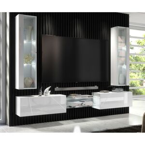 (White LED Lights) Furneo White Floating TV Unit High Gloss Matt Living Room Set (White LED Lights) Furneo White Floating TV Unit High Gloss Matt Living Room Set
