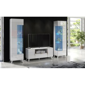 Furneo (Blue LED Lights) White Living Room Set High Gloss & Matt TV Stand Display Cabin Furneo (Blue LED Lights) White Living Room Set High Gloss & Matt TV Stand Display Cabin