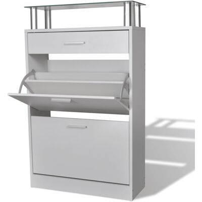 vidaXL White Wooden Shoe Cabinet with Drawer & Glass Shelf - Shoe Storage vidaXL White Wooden Shoe Cabinet with Drawer & Glass Shelf - Shoe Storage