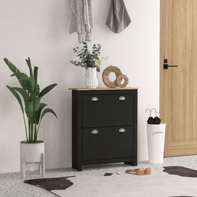 HOMCOM 2 Drawer Shoe Cabinet Narrow Shoe Cupboard with Flip Doors, Black HOMCOM 2 Drawer Shoe Cabinet Narrow Shoe Cupboard with Flip Doors, Black