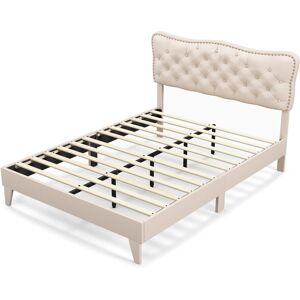 Costway (Double, Beige) Bed Frame Platform Bed w/Tufted Headboard Wooden Slats Costway (Double, Beige) Bed Frame Platform Bed w/Tufted Headboard Wooden Slats
