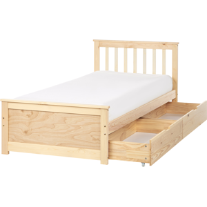 Beliani Pine Wood Minimalist Bed with Storage Drawers - Bed Beliani Pine Wood Minimalist Bed with Storage Drawers - Bed