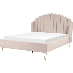 Beliani Bed Beige Fabric Upholstery EU Double Size 4ft6 Metal Legs Retro Design Chanell Shell Headboard - Bed Beliani Bed Beige Fabric Upholstery EU Double Size 4ft6 Metal Legs Retro Design Chanell Shell Headboard - Bed