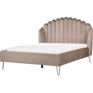Beliani Taupe Velvet Double Bed - Retro Style with Shell Headboard Beliani Taupe Velvet Double Bed - Retro Style with Shell Headboard