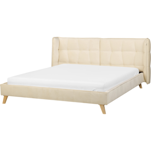 Beliani Beige Velvet Bed with Wooden Legs - Bed Beliani Beige Velvet Bed with Wooden Legs - Bed