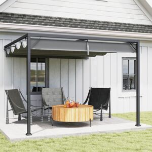 Outsunny 3x3m Wall Mounted Outdoor Pergola with Retractable Canopy, Grey - UV-Re Outsunny 3x3m Wall Mounted Outdoor Pergola with Retractable Canopy, Grey - UV-Re