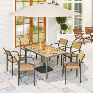 Outsunny 6-Seater Garden Table with Wood-Effect Steel Top, Umbrella Hole Φ43-50m Outsunny 6-Seater Garden Table with Wood-Effect Steel Top, Umbrella Hole Φ43-50m