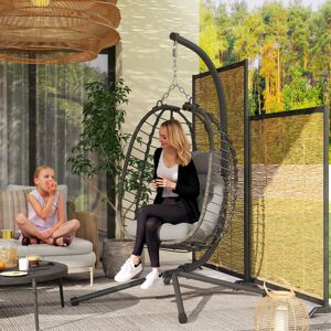 Outsunny Rattan Hanging Egg Chair w/ Stand, Cushion, Headrest, Light Grey Outsunny Rattan Hanging Egg Chair w/ Stand, Cushion, Headrest, Light Grey