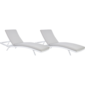 Beliani Set of 2 Sun Loungers with Cushions AMELIA Reclining Metal Light Grey Beliani Set of 2 Sun Loungers with Cushions AMELIA Reclining Metal Light Grey