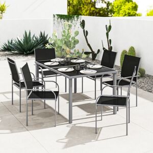 Outsunny 7-Piece Black Steel Garden Dining Set with Glass-Top Table and Mesh Cha Outsunny 7-Piece Black Steel Garden Dining Set with Glass-Top Table and Mesh Cha