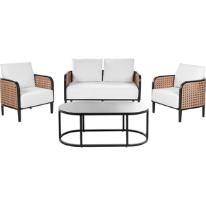 Beliani Garden Sofa Set Black Aluminium Frame Off-White Water Repellent Fabric Cushions 2 Seater Set with Coffee Table and Armchairs Beliani Garden Sofa Set Black Aluminium Frame Off-White Water Repellent Fabric Cushions 2 Seater Set with Coffee Table and Armchairs