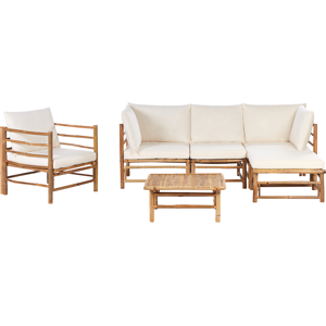 Beliani Garden Lounge Set with Table 5 Seater CERRETO Left Hand Bamboo Wood Off-White Beliani Garden Lounge Set with Table 5 Seater CERRETO Left Hand Bamboo Wood Off-White