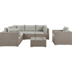 Beliani Garden Lounge Set with Table 6 Seater CONTARE Right Hand Modular PE Rattan Taupe Beliani Garden Lounge Set with Table 6 Seater CONTARE Right Hand Modular PE Rattan Taupe
