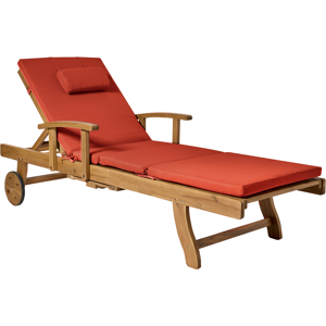 Beliani Sun Lounger with Cushion JAVA PREMIUM Acacia Wood Red Beliani Sun Lounger with Cushion JAVA PREMIUM Acacia Wood Red