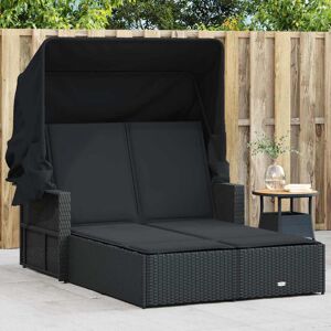 vidaXL Double Sun Lounger with Canopy and Cushions Black Poly Rattan vidaXL Double Sun Lounger with Canopy and Cushions Black Poly Rattan