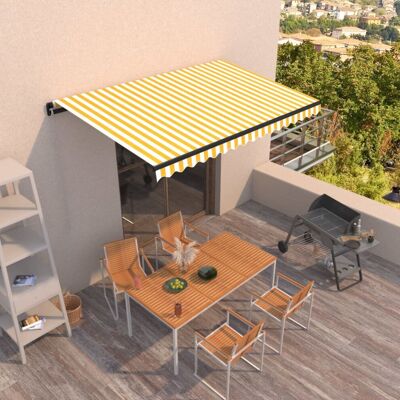 vidaXL Manual Retractable Awning 450x350 cm Yellow and White - Awning vidaXL Manual Retractable Awning 450x350 cm Yellow and White - Awning