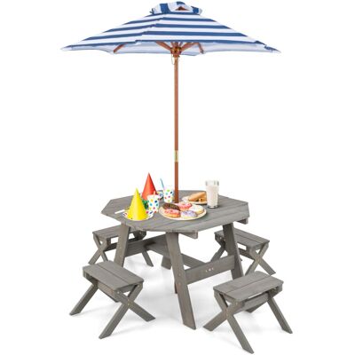 Casart Wooden Octagon Table Set Kids Picnic Table & 4 Chairs w /Umbrella Casart Wooden Octagon Table Set Kids Picnic Table & 4 Chairs w /Umbrella