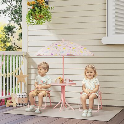 AIYAPLAY Kids Garden Table and Chair Set, Outdoor Patio Set w/ Parasol, Pink AIYAPLAY Kids Garden Table and Chair Set, Outdoor Patio Set w/ Parasol, Pink