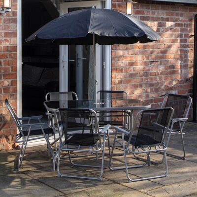 Samuel Alexander 6 Person Garden Furniture Patio Set Table, 6 Chairs & Parasol with Black Glass Samuel Alexander 6 Person Garden Furniture Patio Set Table, 6 Chairs & Parasol with Black Glass