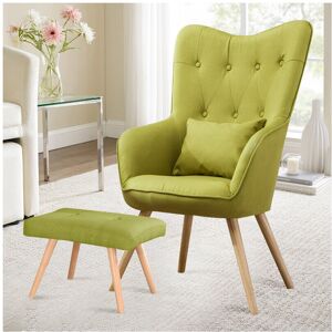 Living And Home Linen Curved Buttoned Back Single Sofa Armchair with Footstool, Green Living And Home Linen Curved Buttoned Back Single Sofa Armchair with Footstool, Green