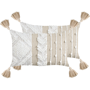 Beliani Set of 2 Decorative Cushions VALVARIA Cotton 30 x 50 cm Off-White Chevron Patter Beliani Set of 2 Decorative Cushions VALVARIA Cotton 30 x 50 cm Off-White Chevron Patter