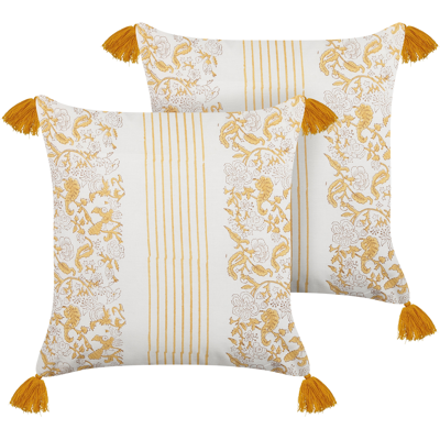 Beliani - BILOBA Yellow White Cushions - 45x45 cm - Floral Pattern - Cotton Beliani - BILOBA Yellow White Cushions - 45x45 cm - Floral Pattern - Cotton