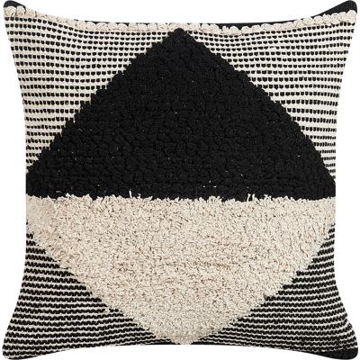 Beliani Beige and Black Cotton Cushion - 50x50cm Boho Handwoven Decor Beliani Beige and Black Cotton Cushion - 50x50cm Boho Handwoven Decor