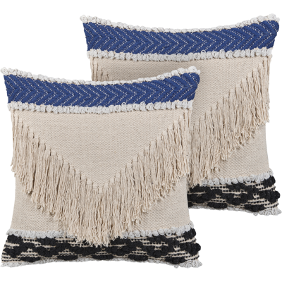 Beliani Set of 2 Beige Cotton Cushions Textured Fringe - Cushion Beliani Set of 2 Beige Cotton Cushions Textured Fringe - Cushion