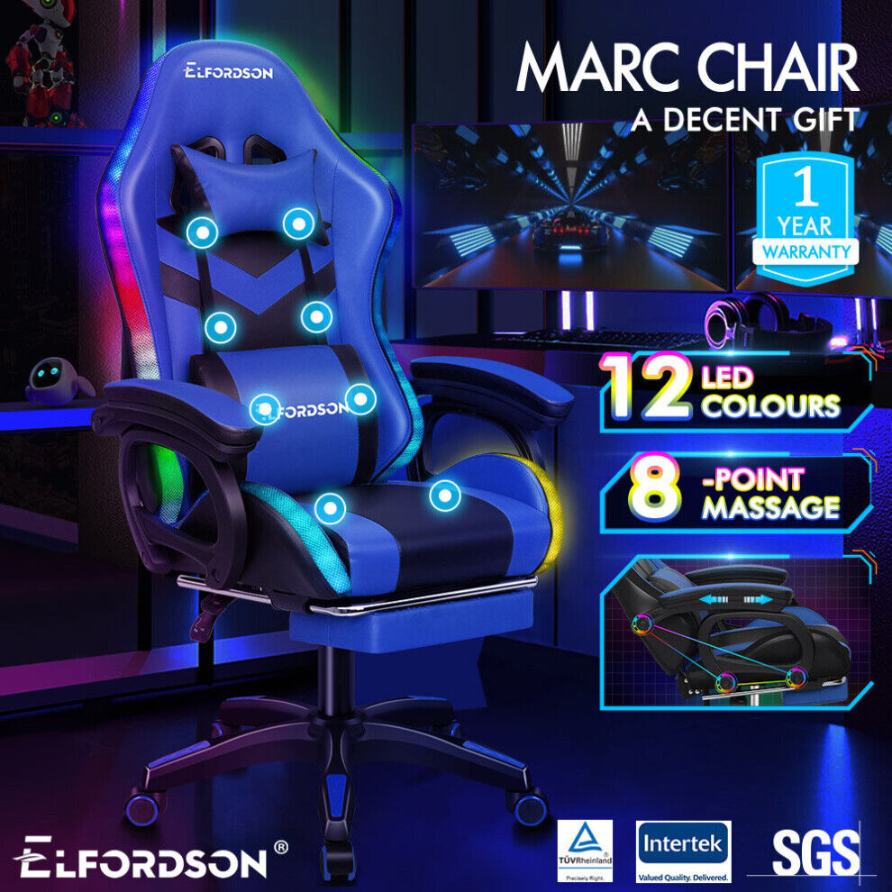 ELFORDSON Gaming Office Chair 12 RGB LED Massage Computer Seat Footrest Blue