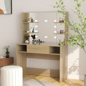 vidaXL Makeup Table with LED Lights MDF Oak Cosmetic Vanity Dressing Table vidaXL Makeup Table with LED Lights MDF Oak Cosmetic Vanity Dressing Table