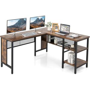 Costway 150cm L-shaped Computer Desk w/ 2-Tier Shelves Home Office Corner Desk Costway 150cm L-shaped Computer Desk w/ 2-Tier Shelves Home Office Corner Desk