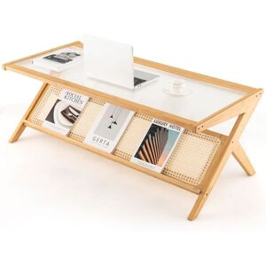 Costway 2-Tier Rectangular Coffee Table Modern Center Bamboo Table with Glass Tabletop Costway 2-Tier Rectangular Coffee Table Modern Center Bamboo Table with Glass Tabletop