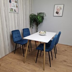 KOSY KOALA White Wooden Dining Table Set for 4 with Blue Tufted Velvet Chairs – Durable MDF KOSY KOALA White Wooden Dining Table Set for 4 with Blue Tufted Velvet Chairs – Durable MDF