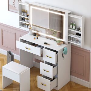 Unbranded LED Dressing Table Set with Stool - 4-Drawer Makeup Desk, Full Mirror Cabinet, S Unbranded LED Dressing Table Set with Stool - 4-Drawer Makeup Desk, Full Mirror Cabinet, S