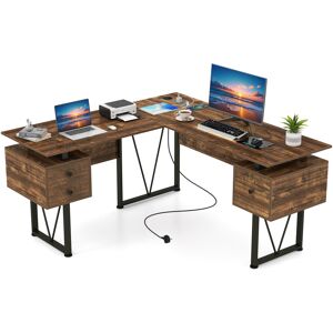 Costway L-shaped Computer Desk 150 CM Corner Desk With Power Outlets-Coffee Costway L-shaped Computer Desk 150 CM Corner Desk With Power Outlets-Coffee