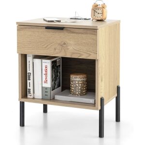 Costway Mid Century Modern Nightstand Bed Side Table w/Charging Station-Natural Costway Mid Century Modern Nightstand Bed Side Table w/Charging Station-Natural