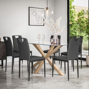 MORE4HOMES (Charcoal) Etta Glass Dining Table Set w Solid Oak Legs w 4-6 Monza Fabric Chair MORE4HOMES (Charcoal) Etta Glass Dining Table Set w Solid Oak Legs w 4-6 Monza Fabric Chair
