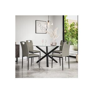 MORE4HOMES (Grey) Malvern Round Glass Dining Table Set w Black Oak Legs w 4-6 Monza Linen C MORE4HOMES (Grey) Malvern Round Glass Dining Table Set w Black Oak Legs w 4-6 Monza Linen C