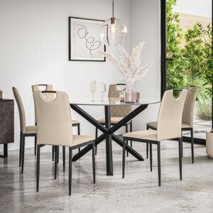 MORE4HOMES (Beige) Malvern Round Glass Dining Table Set w Black Oak Legs w 4-6 Monza Chair MORE4HOMES (Beige) Malvern Round Glass Dining Table Set w Black Oak Legs w 4-6 Monza Chair