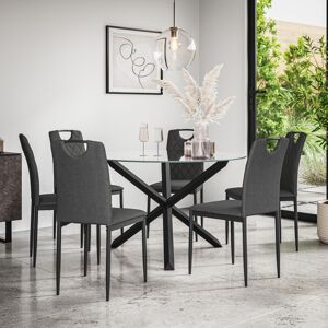MORE4HOMES (Charcoal) Malvern Round Glass Dining Table Set w Black Oak Legs w 4-6 Monza Lin MORE4HOMES (Charcoal) Malvern Round Glass Dining Table Set w Black Oak Legs w 4-6 Monza Lin