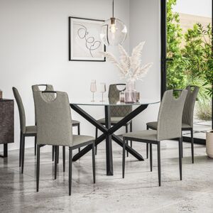 MORE4HOMES (Grey) Malvern Round Glass Dining Table Set w Black Oak Legs w 4-6 Monza Linen C MORE4HOMES (Grey) Malvern Round Glass Dining Table Set w Black Oak Legs w 4-6 Monza Linen C