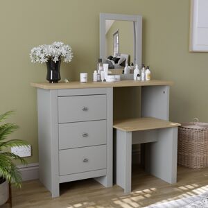 Vida Designs (Grey & Oak) Arlington 3 Drawer Dressing Table Mirror Stool Set Vida Designs (Grey & Oak) Arlington 3 Drawer Dressing Table Mirror Stool Set