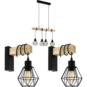 Loops Quad Ceiling Light & 2x Matching Wall Lights Black Cage & Wood Trendy Bar Lamp Loops Quad Ceiling Light & 2x Matching Wall Lights Black Cage & Wood Trendy Bar Lamp