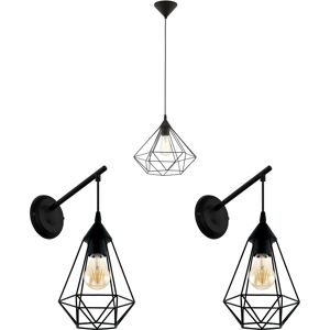 Loops Ceiling Pendant Light & 2x Matching Wall Lights Black Geometric Cage Wire Lamp Loops Ceiling Pendant Light & 2x Matching Wall Lights Black Geometric Cage Wire Lamp